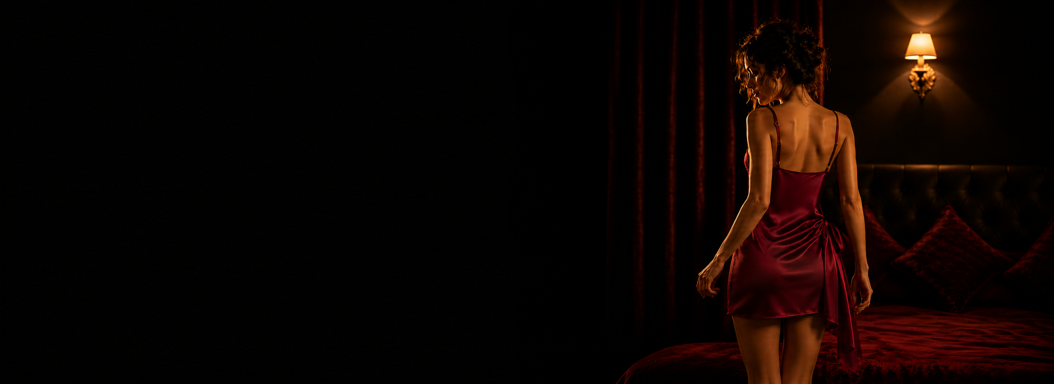 A woman in a satin-like burgundy mini dress stands on a bed in a dimly lit bedroom, viewed from behind as she looks upward toward a wall lamp.