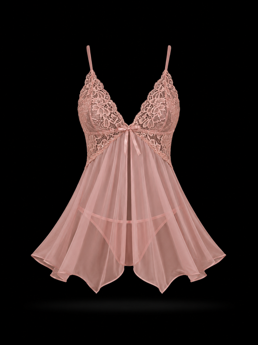 Crisscross Back Lace Sheer Hemline Nightie for Women - Sexy Honeymoon Nighty