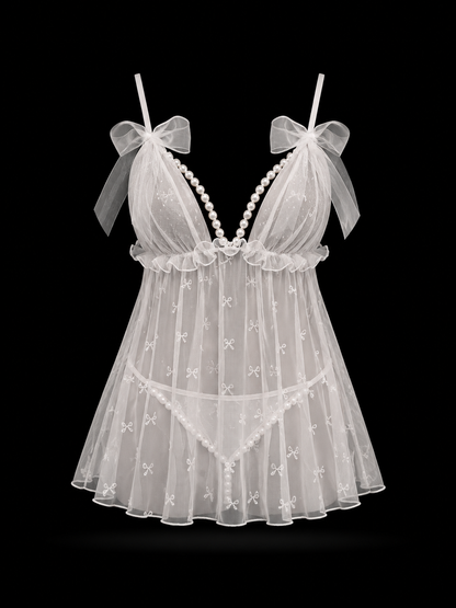 Lace See-Through Pearl Strap Nightie for Women - Delicate Honeymoon Lingerie