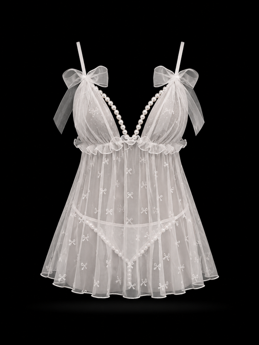 Lace See-Through Pearl Strap Nightie for Women - Delicate Honeymoon Lingerie