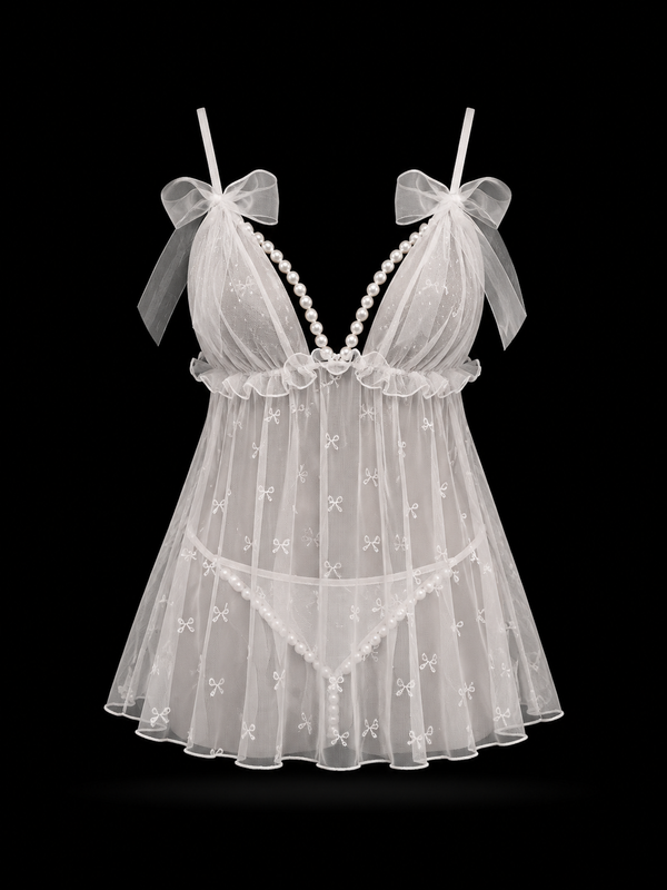 Lace See-Through Pearl Strap Nightie for Women - Delicate Honeymoon Lingerie