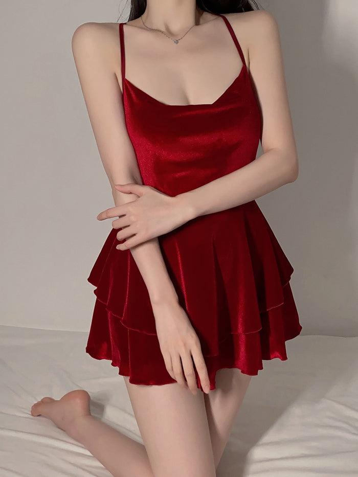 Velvet Layered Suspender Nightdress for Women - Premium Honeymoon Nighty