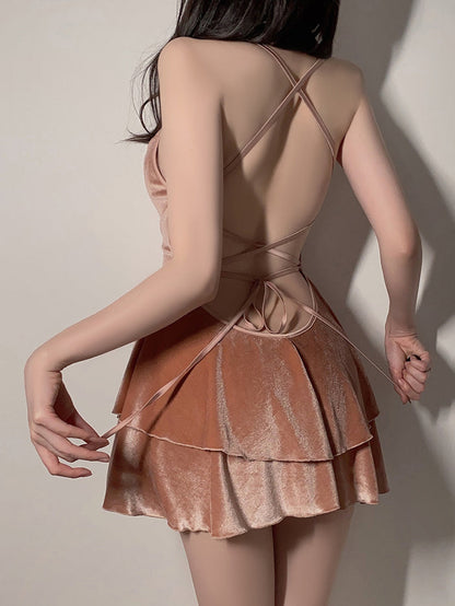 Velvet Layered Suspender Nightdress for Women - Premium Honeymoon Nighty